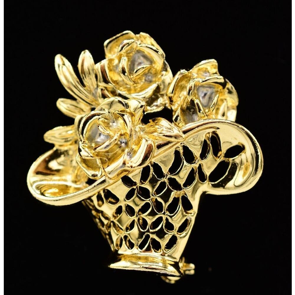AJC Vintage Flower Pin Brooch Basket Gold Tone Spring Signed NOS 1980s BinAJ
